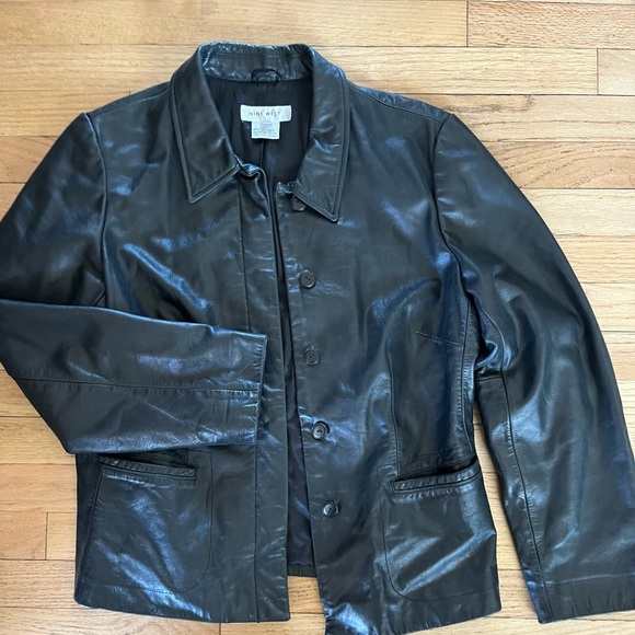 Nine West 100% Leather Jacket Y2K Women’s Size 14 Black Button Front Classic